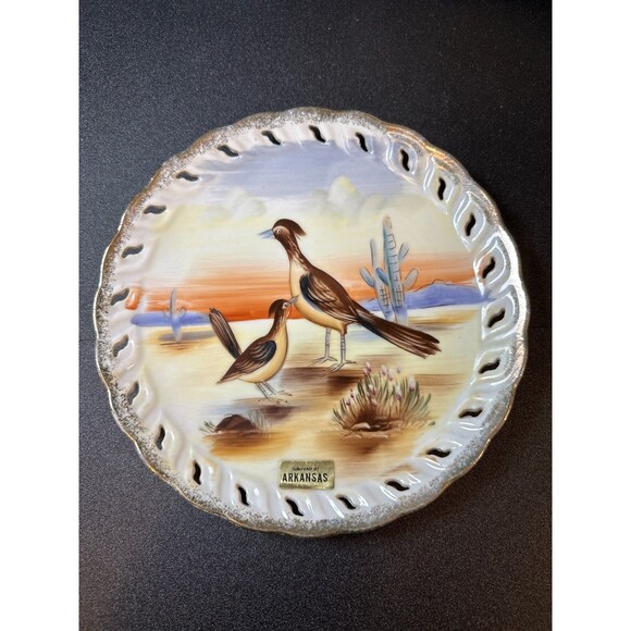 Vintage Arkansas Roadrunner 8.25" Souvenir Plates Pair Cut-Out Gold Trim - Picture 2 of 7
